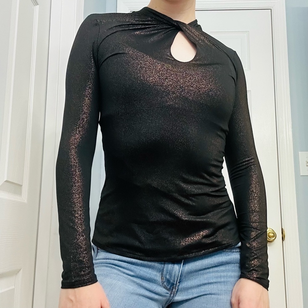 Ted Baker Blouse Fitted Black Gold Key Hole Cocktail Long Sleeve Extra Small